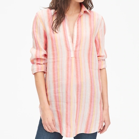 GAP 100% Linen Boyfriend Popover Tunic, Pink Stripes, XXL - Picture 1 of 10